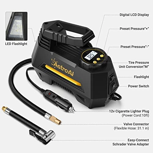 Portable Air Pump for Car Tires 12V DC Auto Tire Pump with Digital Pressure Gauge, 100PSI with Emergency LED Light