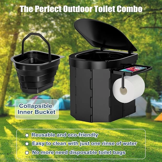 Portable Camping Toilet for Adults with Reusable Collapsible Liner for Camping, Hiking, Fishing, Long Road Trips, Outdoor Activities