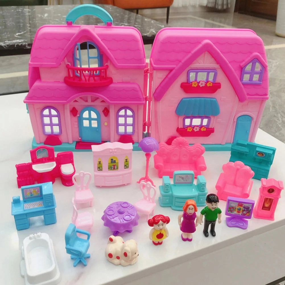 Portable Two Story Doll House Villa Toy Family Role Play Game Dollhouses for Children Accessories Easy Carry Gift
