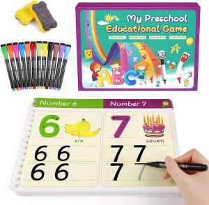 Preschool Learning Activity Educational Workbook 64Pages Toddler Prek Reusable Handwriting Practice Activity Tracing Toys Busy Book for Kids Gift,Autism Learning Material Book 12Markers Rose Purple