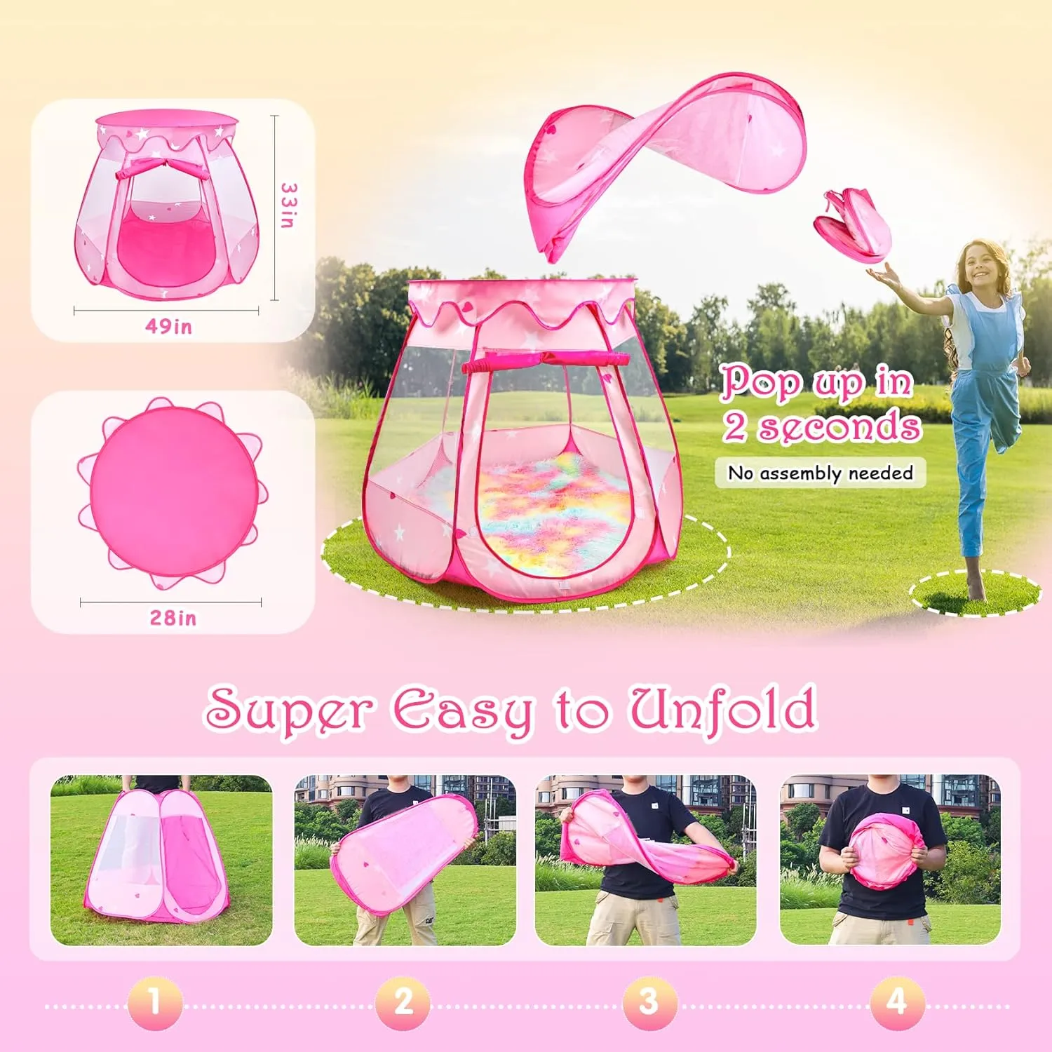 Princess Castle Girls Play Tent with Rainbow Rug Star Lights Pop Up Play Tent for Toddlers Kids DISHIO Playhouse Toys for 1,2,3 Years Birthday Gifts Fairy Girls Tent with Mat Indoor Outdoor Kids Play