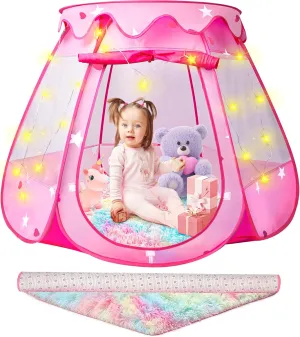 Princess Castle Girls Play Tent with Rainbow Rug Star Lights Pop Up Play Tent for Toddlers Kids DISHIO Playhouse Toys for 1,2,3 Years Birthday Gifts Fairy Girls Tent with Mat Indoor Outdoor Kids Play