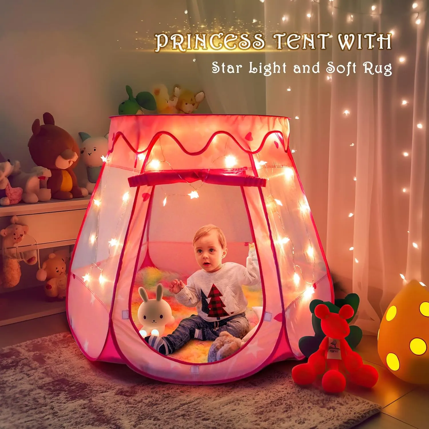 Princess Castle Girls Play Tent with Rainbow Rug Star Lights Pop Up Play Tent for Toddlers Kids DISHIO Playhouse Toys for 1,2,3 Years Birthday Gifts Fairy Girls Tent with Mat Indoor Outdoor Kids Play
