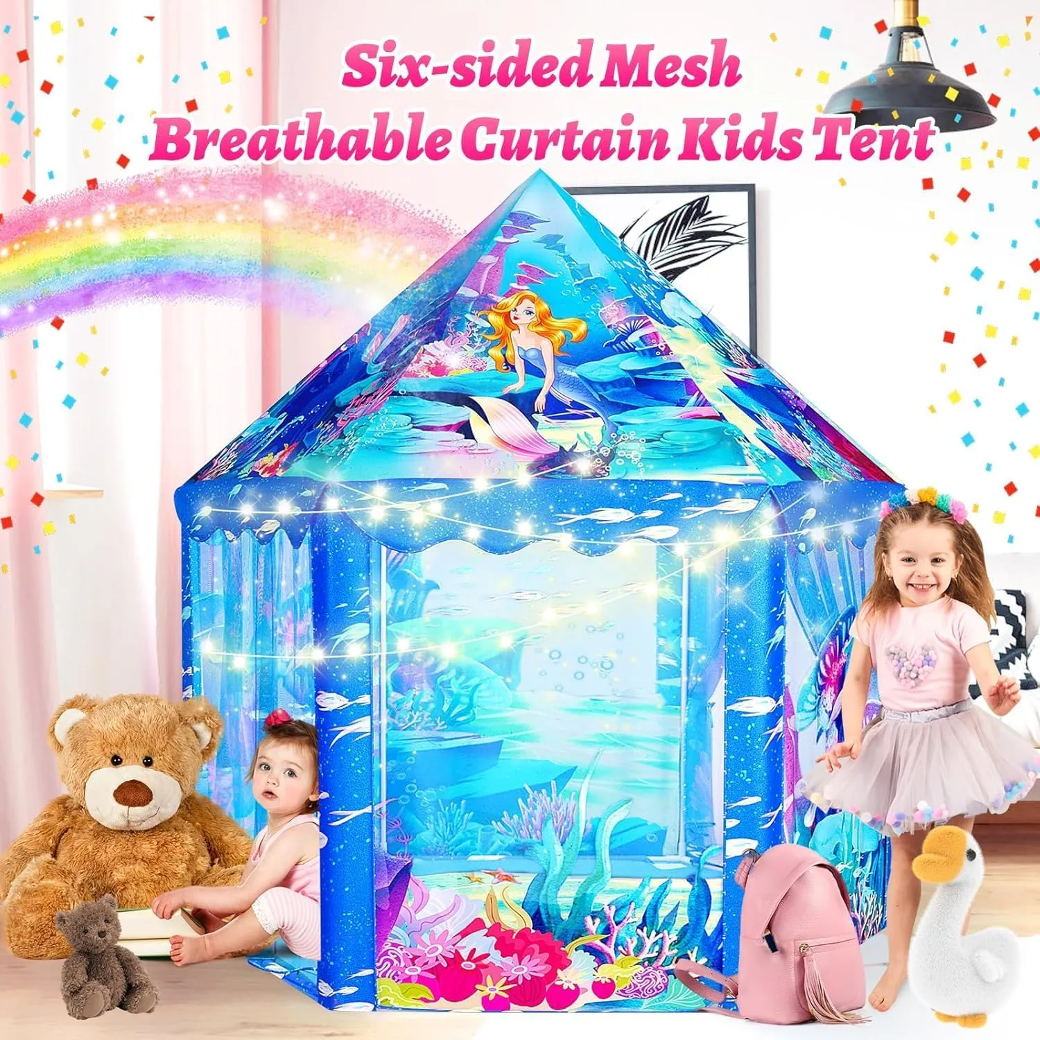 Princess Mermaid Kids Play Tent - Large Playhouse for 3-12 Year Old Girls, Indoor Outdoor Castle Toy for Toddlers, 55'' x 53'' (DxH)