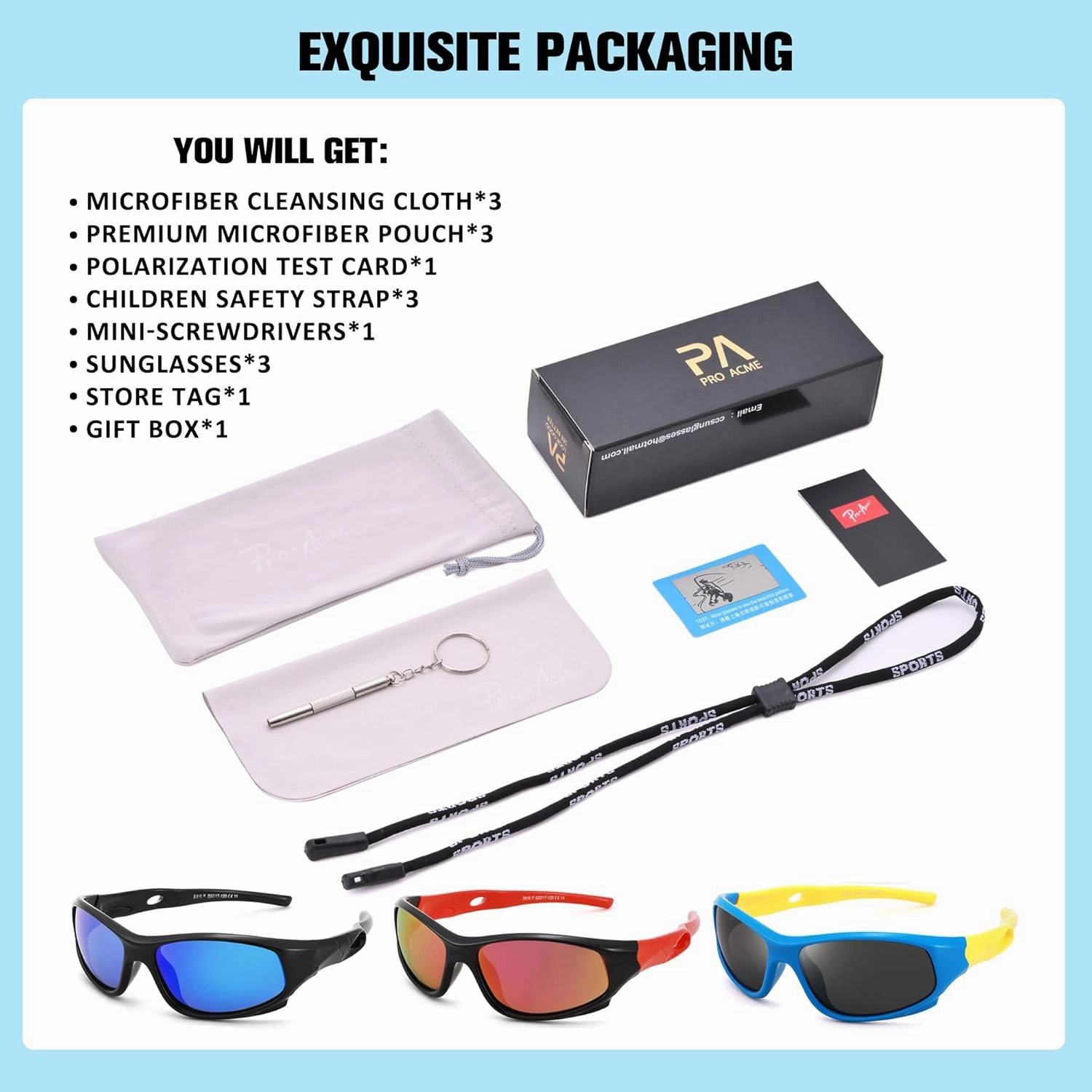 Pro Acme Kids Sunglasses for Boys Girls, Polarized Sports Youth Sunglasses with Strap for Kids Ages 3-12