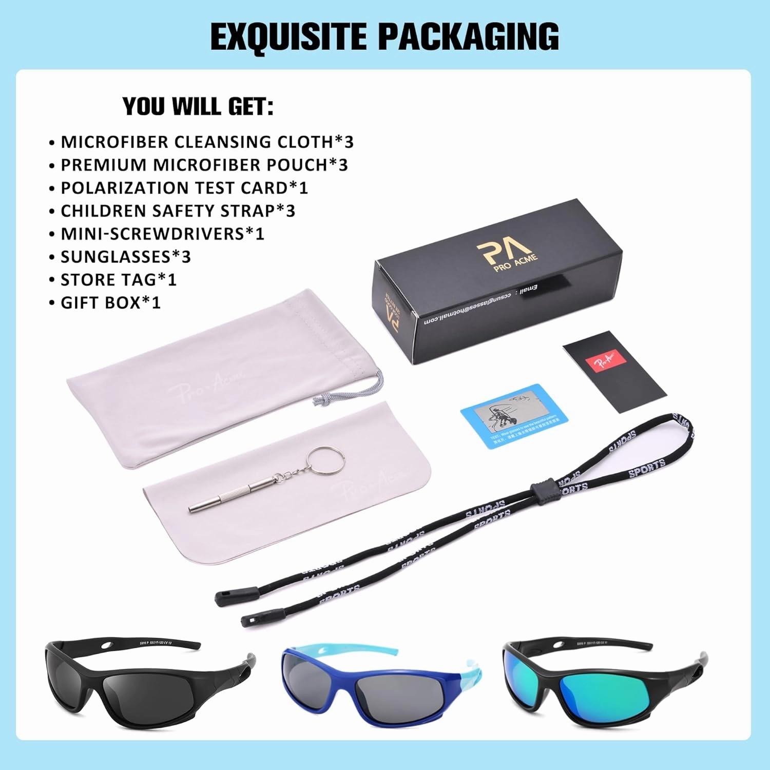 Pro Acme Kids Sunglasses for Boys Girls, Polarized Sports Youth Sunglasses with Strap for Kids Ages 3-12