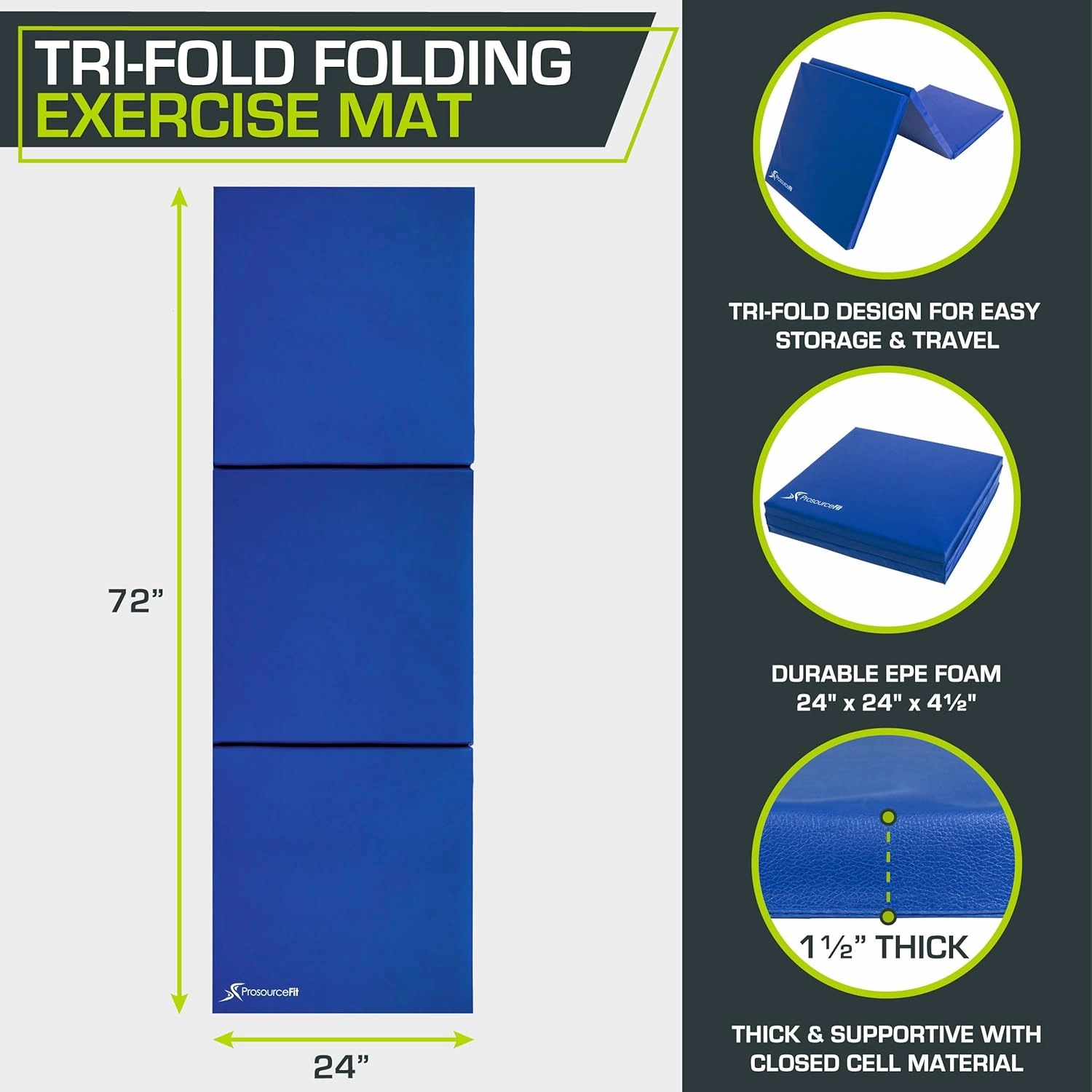 ProsourceFit Tri-Fold Folding Thick Exercise Mat 6'x2' with Carrying Handles for MMA, Gymnastics, Stretching, Core Workouts, Purple