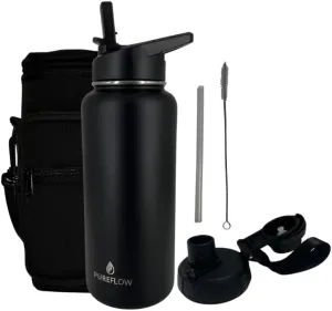 PUREFLOW 32oz Stainless Steel Water Bottle – Leakproof Flip Lid, Double-Wall Vacuum Insulated, Carrier Bag, BPA-Free – Wide Mouth, Travel-Friendly, Sports, Outdoors, Gym, Office, Straw Lid.