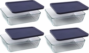 Pyrex 6-cup 7211 Rectangle Glass Food Storage Containers with Blue Plastic Lids - 4 Pack Made in the USA