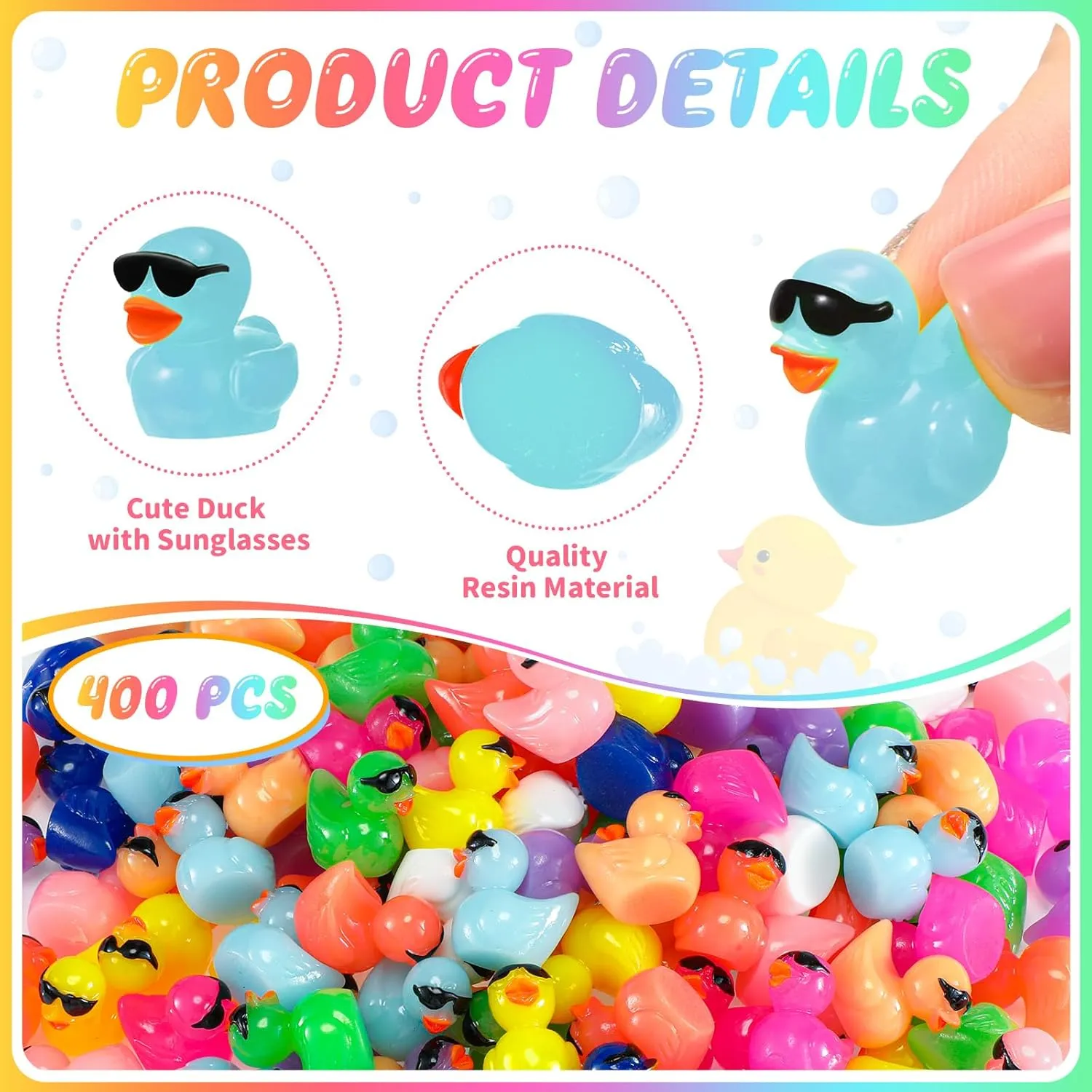 Qunclay Mini Resin Duck with Sunglasses Tiny Ducks Bulk Tiny Colorful Duck Figures Miniature Dollhouse Accessories DIY Craft Toys for Birthday Gift Micro Fairy Landscape Aquarium Potted (400 Pcs)