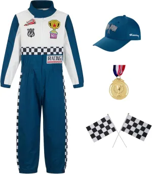 Race Car Driver Costume Boy Girl,Kid Racer Jumpsuit with Car Cap,Toddler Racing Costume Halloween with Accessories