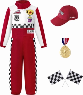 Race Car Driver Costume Boy Girl,Kid Racer Jumpsuit with Car Cap,Toddler Racing Costume Halloween with Accessories