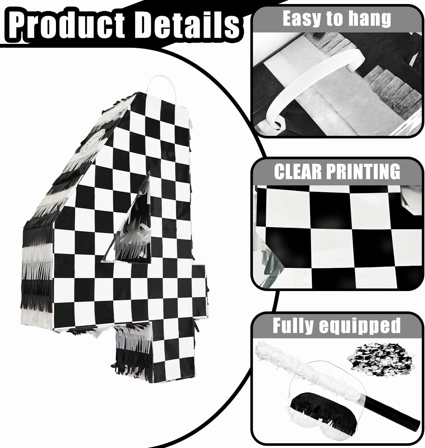 Racing Car Number 4 Pinata, Black and White Checkered, 10.2 x 15.3 x 3.1 Inches, Cardboard, Perfect for 4th Birthday Parties