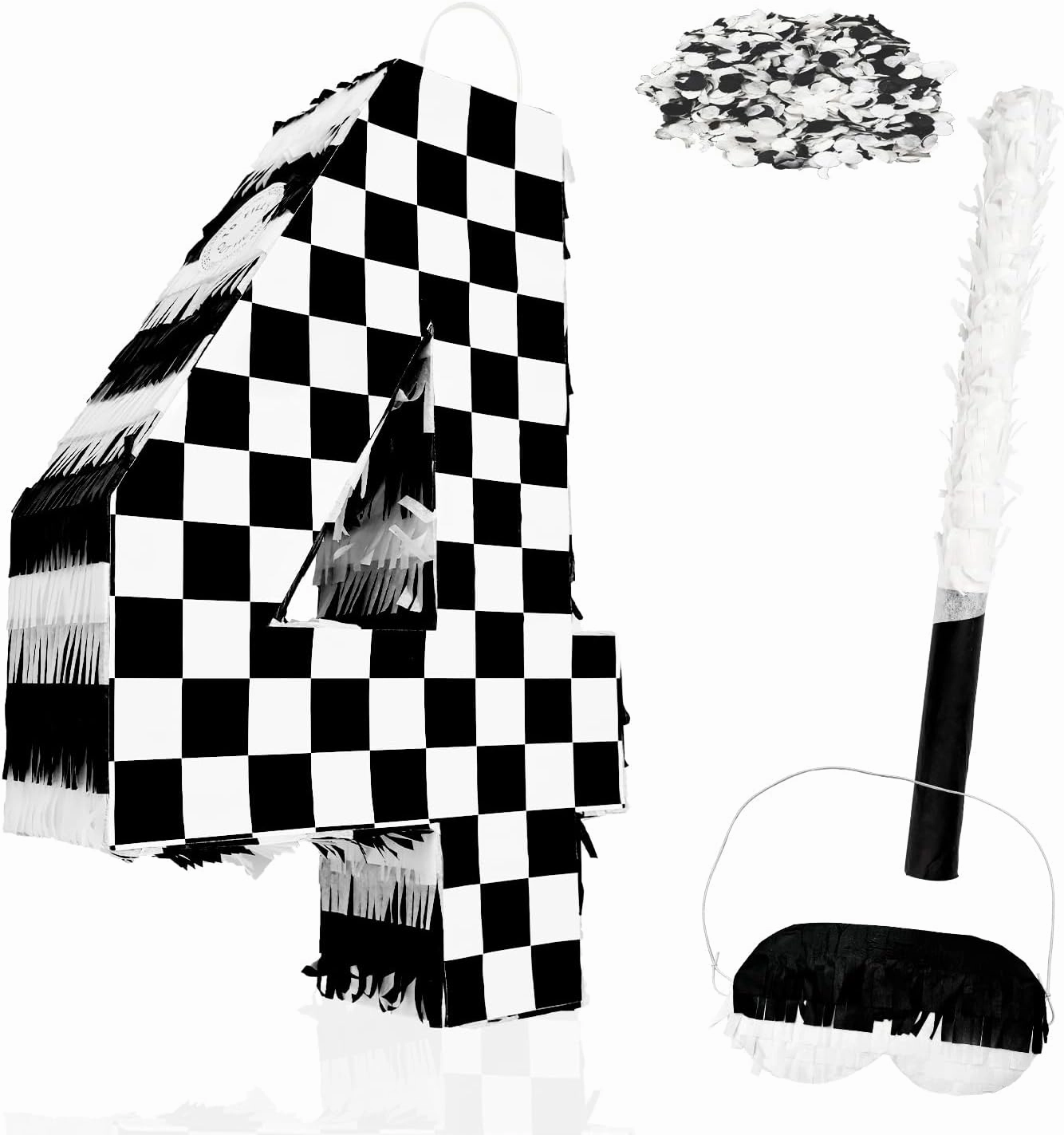 Racing Car Number 4 Pinata, Black and White Checkered, 10.2 x 15.3 x 3.1 Inches, Cardboard, Perfect for 4th Birthday Parties