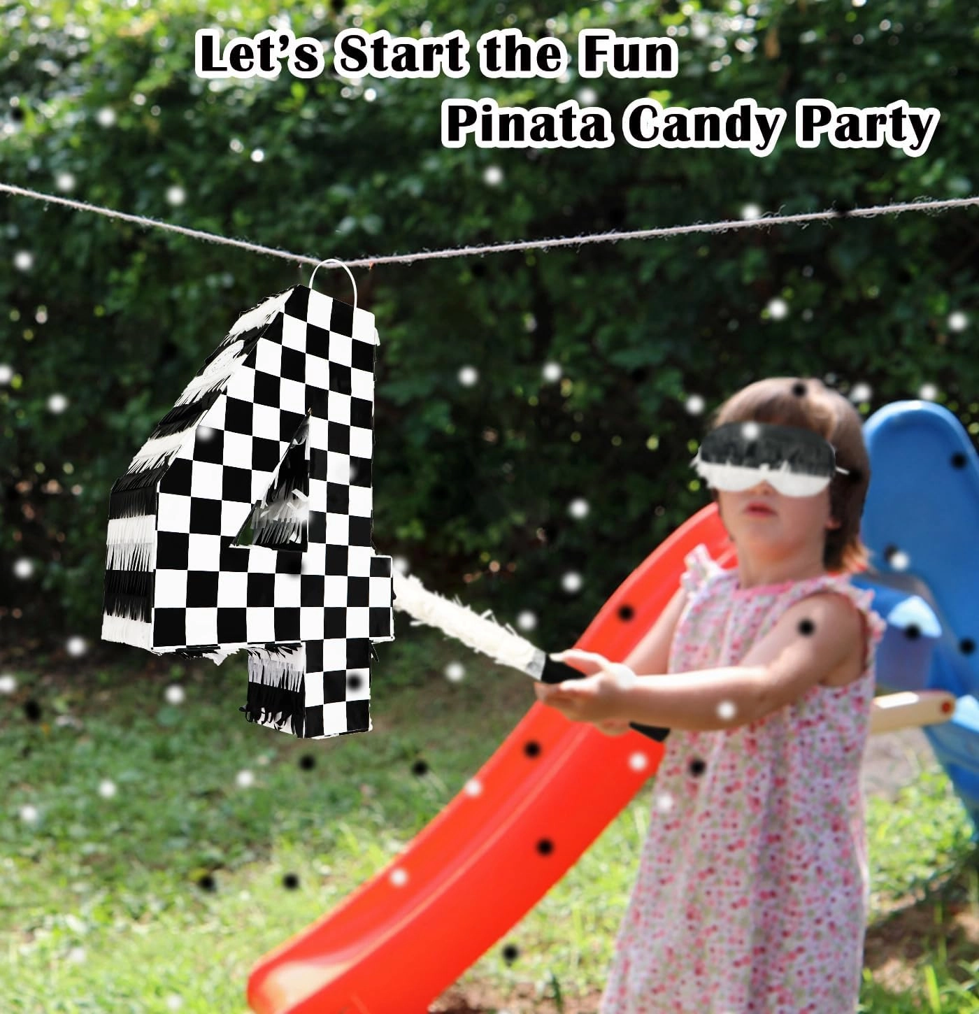 Racing Car Number 4 Pinata, Black and White Checkered, 10.2 x 15.3 x 3.1 Inches, Cardboard, Perfect for 4th Birthday Parties