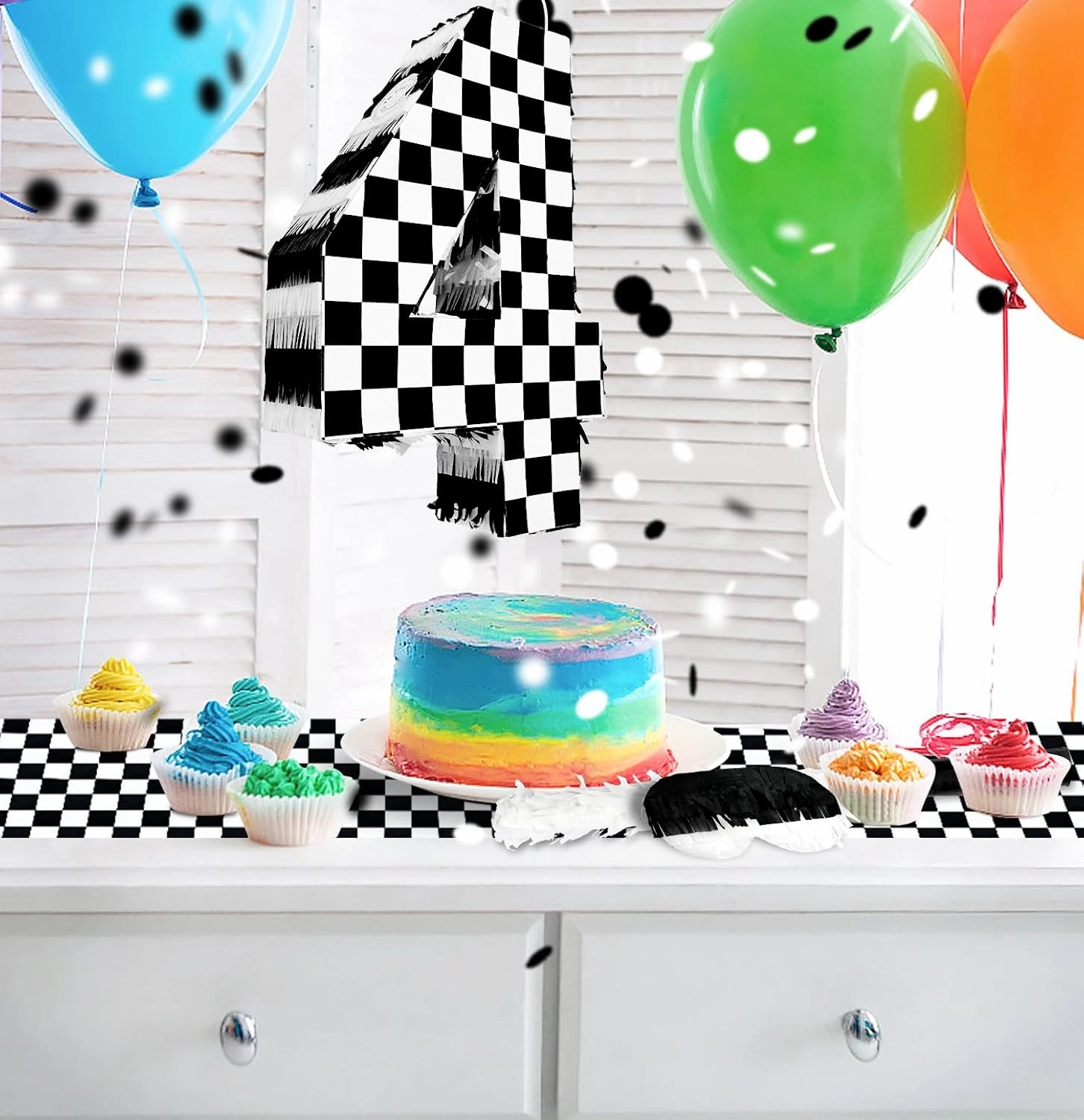 Racing Car Number 4 Pinata, Black and White Checkered, 10.2 x 15.3 x 3.1 Inches, Cardboard, Perfect for 4th Birthday Parties