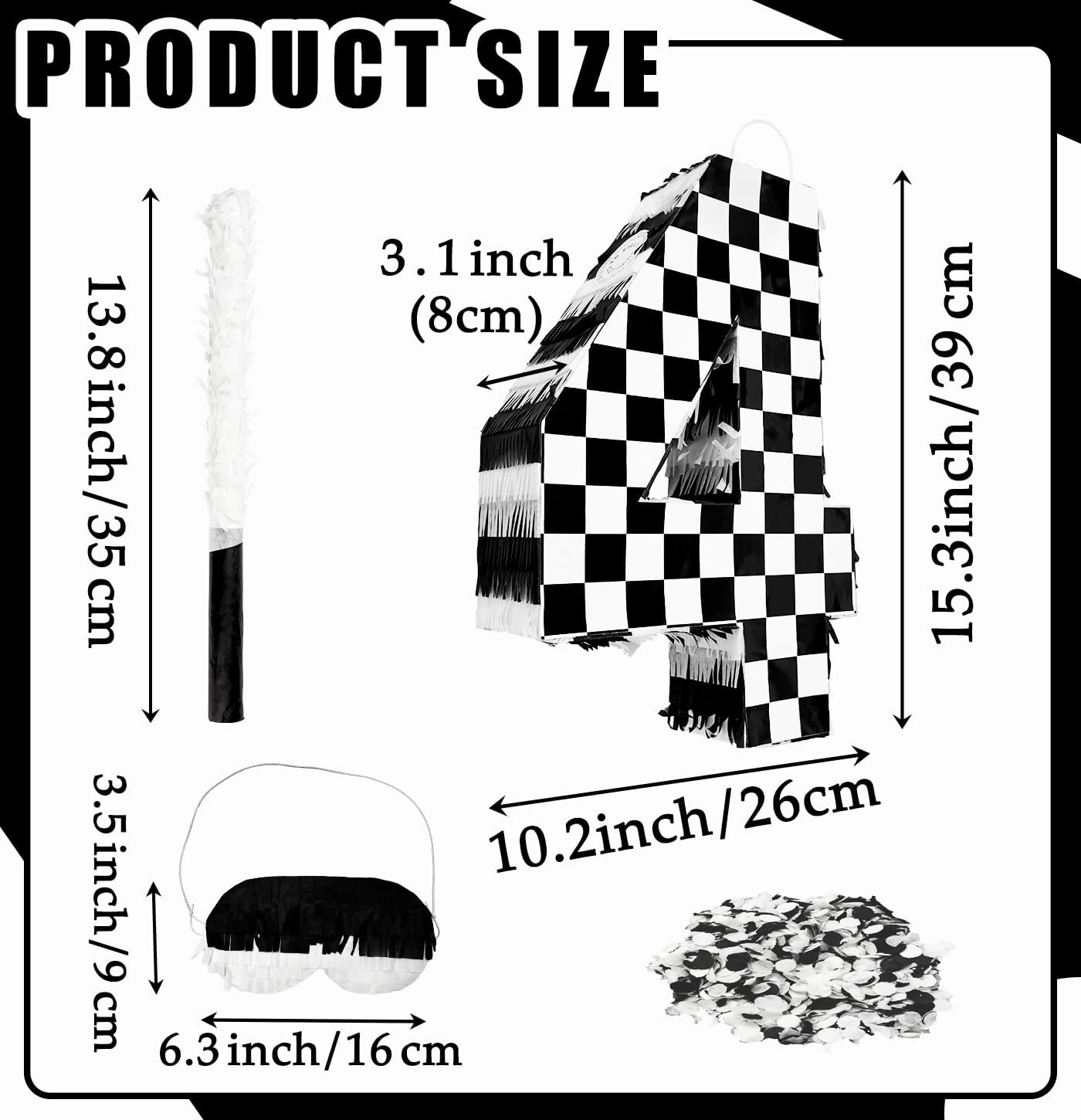 Racing Car Number 4 Pinata, Black and White Checkered, 10.2 x 15.3 x 3.1 Inches, Cardboard, Perfect for 4th Birthday Parties