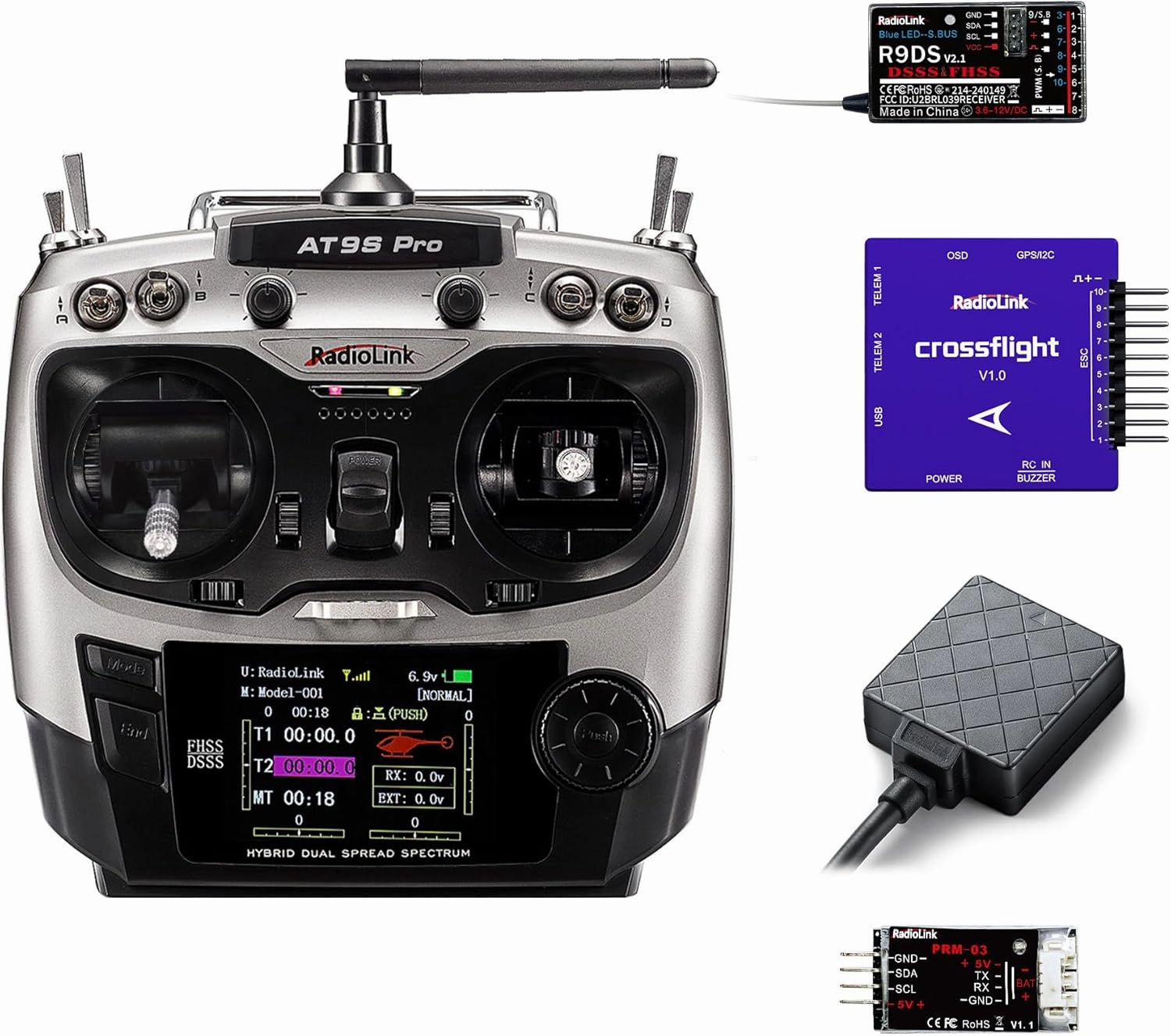 Radiolink AT9S Pro Grey, 10/12 Channels RC Transmitter&Receiver R9DS, Crossflight flight controller&TS100 M8N GPS&PRM-03 Telemetry, Long Range for Airplane/Jet/FPV Racing Drone/Quad/RC Truck Car/Boat