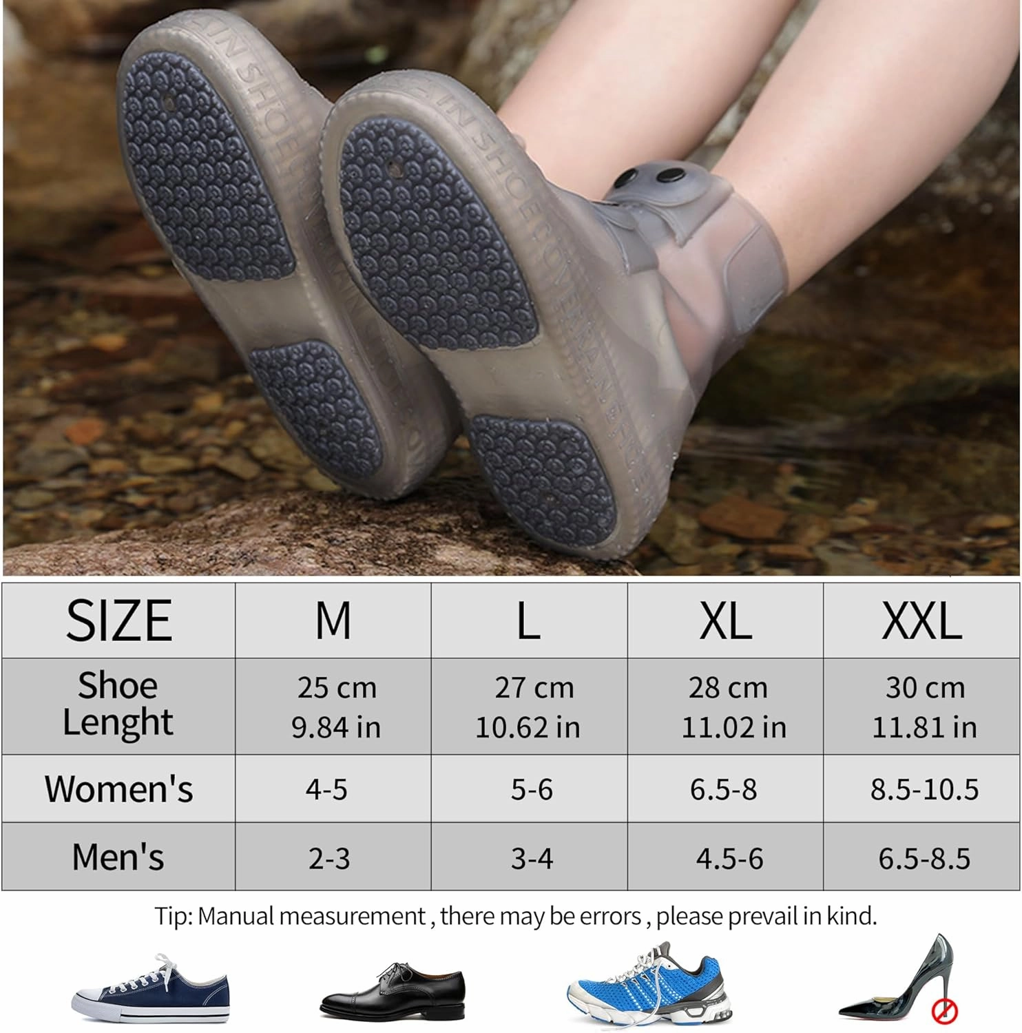 Rain Boot Covers Waterproof Rain Shoe Covers Silicone Shoe Protector Overshoes Sand Control Non-Slip Foldable Reusable Galoshes for Men Women Rainy Outdoor Cycling Fishing Camping (XL, Gray)