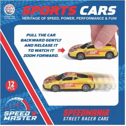 Ratnas Sports Cars Speeed Master Pull Back 12 Mini Cars for Kids - Multicolour