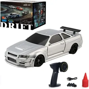 Rc Drift Car with Gyro, 1/43 Scale 4WD with Full Proportional Control & 2.4G High Speed, 15km/h, LED Lights & Drift Tires, RTR Mini Racing Car for Adults