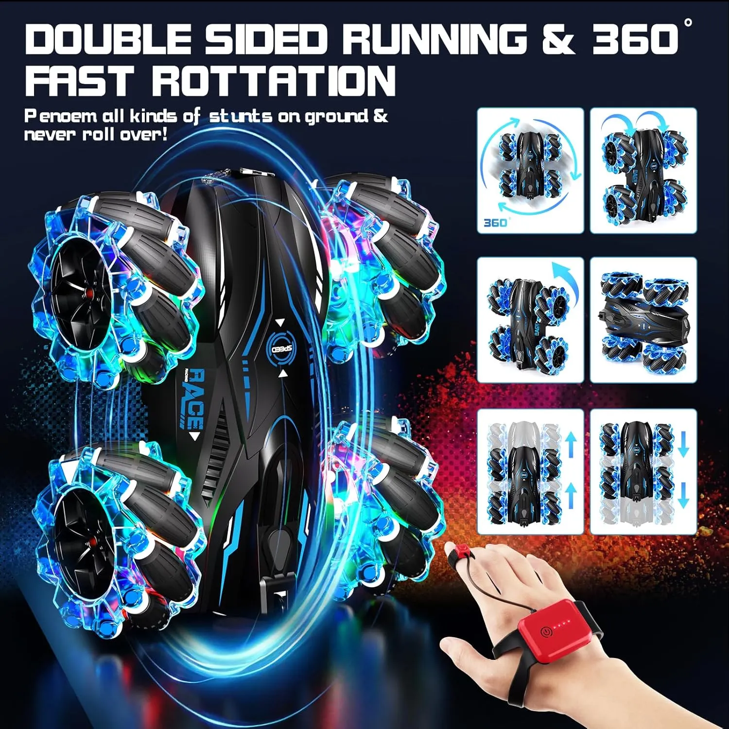 RC Gesture Sensing Stunt Car,2.4GHz 4WD Remote Control Car with Cool Light,Double Sided Rotating Off Road Vehicle 360° Flips Cars for 6-12 Year Old Boys Girls Birthday Presents(Blue)