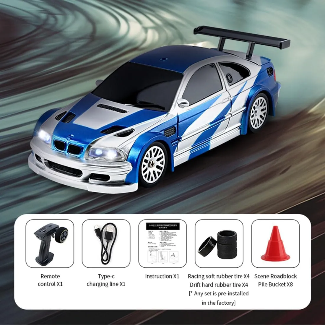 RC Racing Drift Car, with Lights 1/43 Scale Mini Remote Control Sports Car 2.4G Full Proportional RC Electric Model, Remote Control Racing Vehicle for Adults - RTR Version