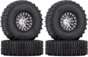 Rc Wheel Rim Tire for Axial for SCX24 for FMS for Enduro24 4PCS 60 * 20mm Mud Rubber Tires&1.0" Beadlock Wheel Rims Set for 1/24 RC Crawler Car(Silver)