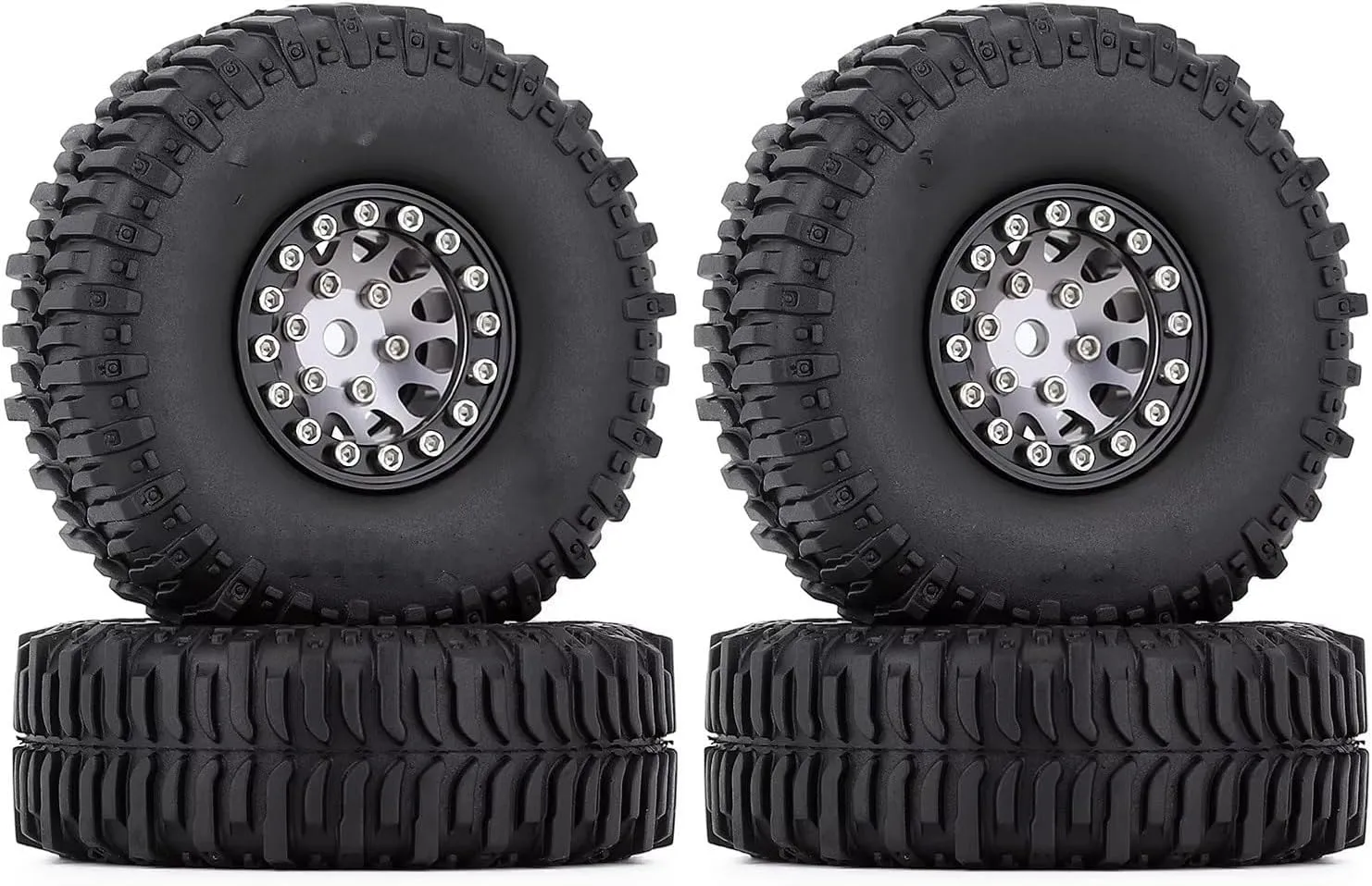 Rc Wheel Rim Tire for Axial for SCX24 for FMS for Enduro24 4PCS 60 * 20mm Mud Rubber Tires&1.0" Beadlock Wheel Rims Set for 1/24 RC Crawler Car(Silver)