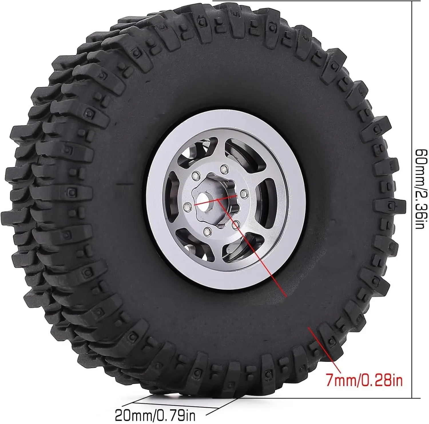 Rc Wheel Rim Tire for Axial for SCX24 for FMS for Enduro24 4PCS 60 * 20mm Mud Rubber Tires&1.0" Beadlock Wheel Rims Set for 1/24 RC Crawler Car(Silver)