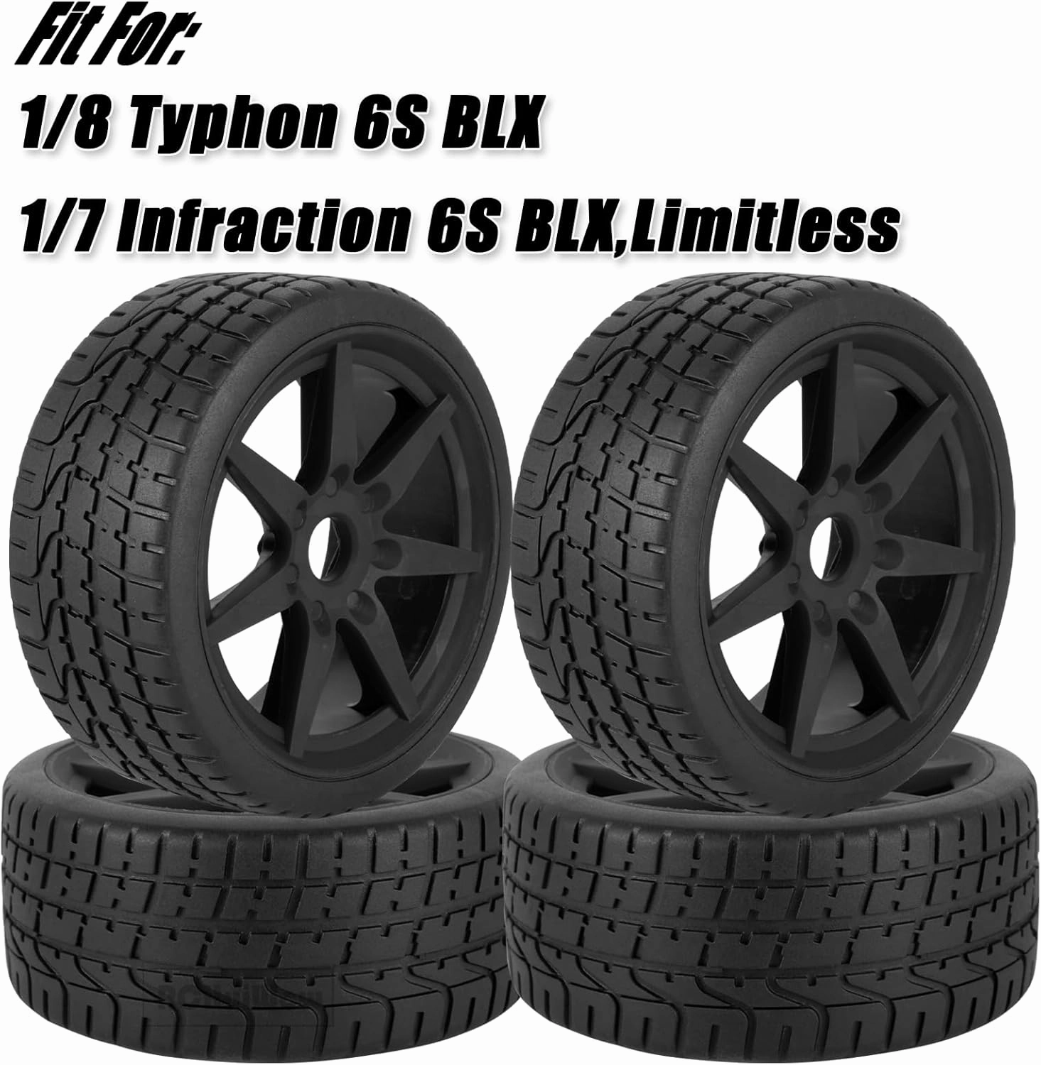 RC Buggy Wheels and Tires for 1/8 Typhon 6S BLX,1/7 Infraction 6S BLX,Limitless Buggy Off-Road Car,Pre-glued Buggy Tires Tyre and Wheels,4pcs,Black