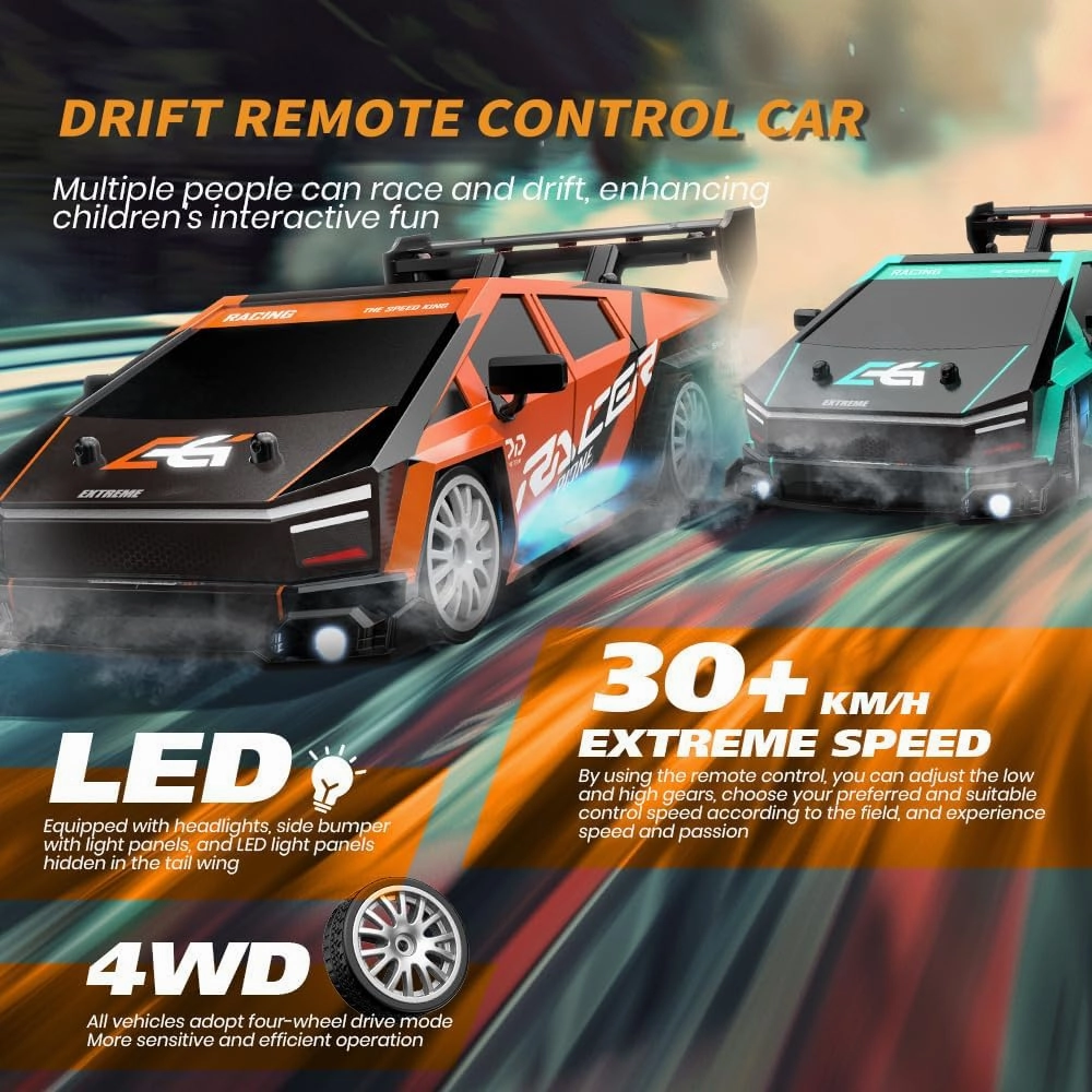 RC Drift Car, 1/24 Remote Control Car 4WD 30KM/H High Speed RC Racing Car 2.4GHz Electric Sport Toy Drifting RC Cars with LED Lights, Mini Car Body for Kids Boys Girls Adults (Orange)