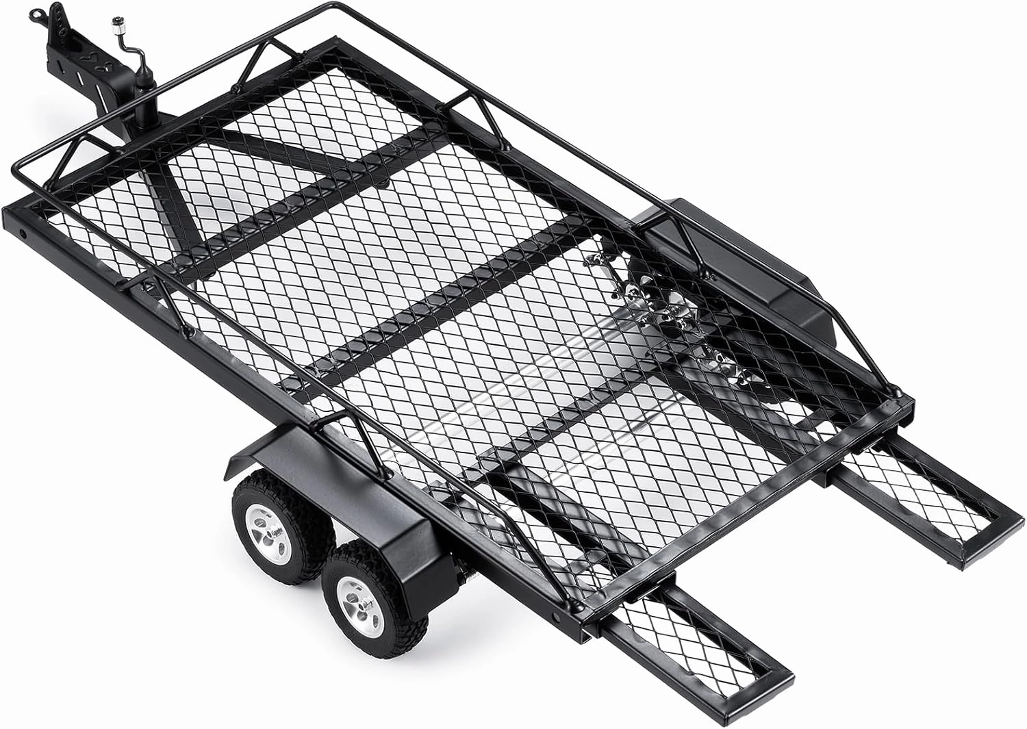RC Trailer for Hauling Behind Car - Metal Hitch Mount Trailer with 4 Tires Heavy Duty Truck and RC Rock Cars Trailer for 1/18 RC Crawler TRX4M Defender Bronco K10 High Trail F150