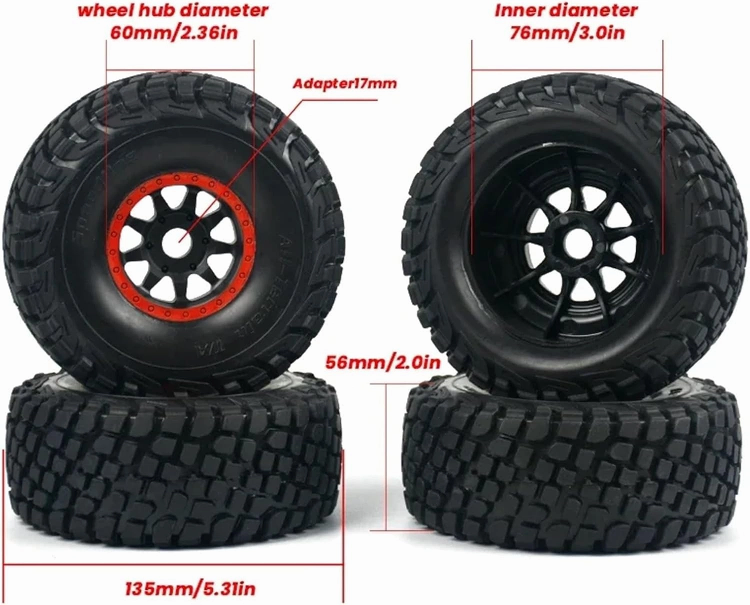 Rc Wheel Rim Tire for Mojave Short-Course Truck Tires Wheel for FS for Desert Truck Off-Road Buggy 336184 1/8 1/7 RC Car Tire 17MM Adapter Wearable(Blue,4pcs)