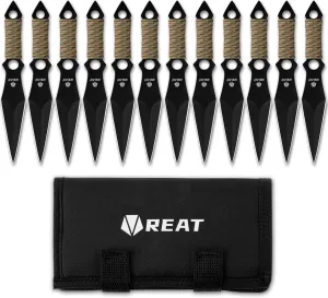 REAT Throwing Products - 12 Piece, 6.5" 440 Stainless Steel with Cord-Wrapped Handle, Includes Nylon Carrying Case for Safe Storage,Kunai Knives for Competition, Training and Recreation (Black)
