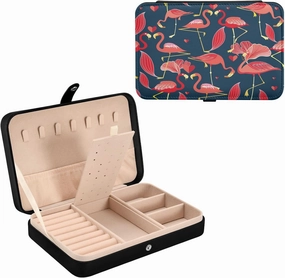 Red Flamingo Pattern Black PU Leather Travel Jewelry Organizer Case, Portable Jewellery Storage Holder Display for Ring Earrings Necklace Bracelet Bangle Watch Gift for Girl