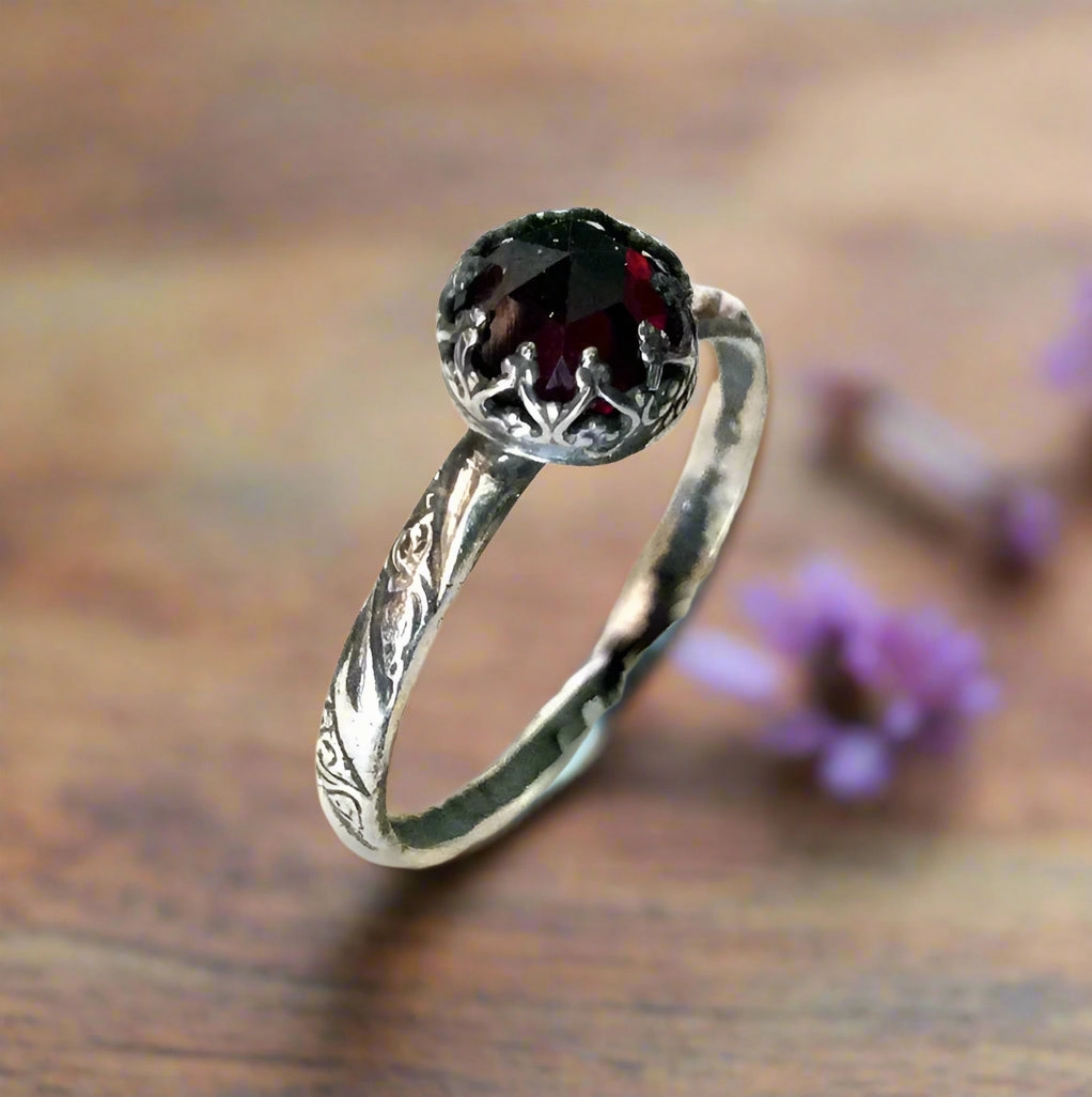 Red Garnet Silver Engagement Ring - Simple Dream.