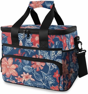 Red White Blue Flower Cooler Bag Insulated Cooler Soft Sided Cooler 24 Can Portable Picnic Bag Large Leakproof Lunch Bag Box for Beach Grocery Camping Travel Car Men Women
