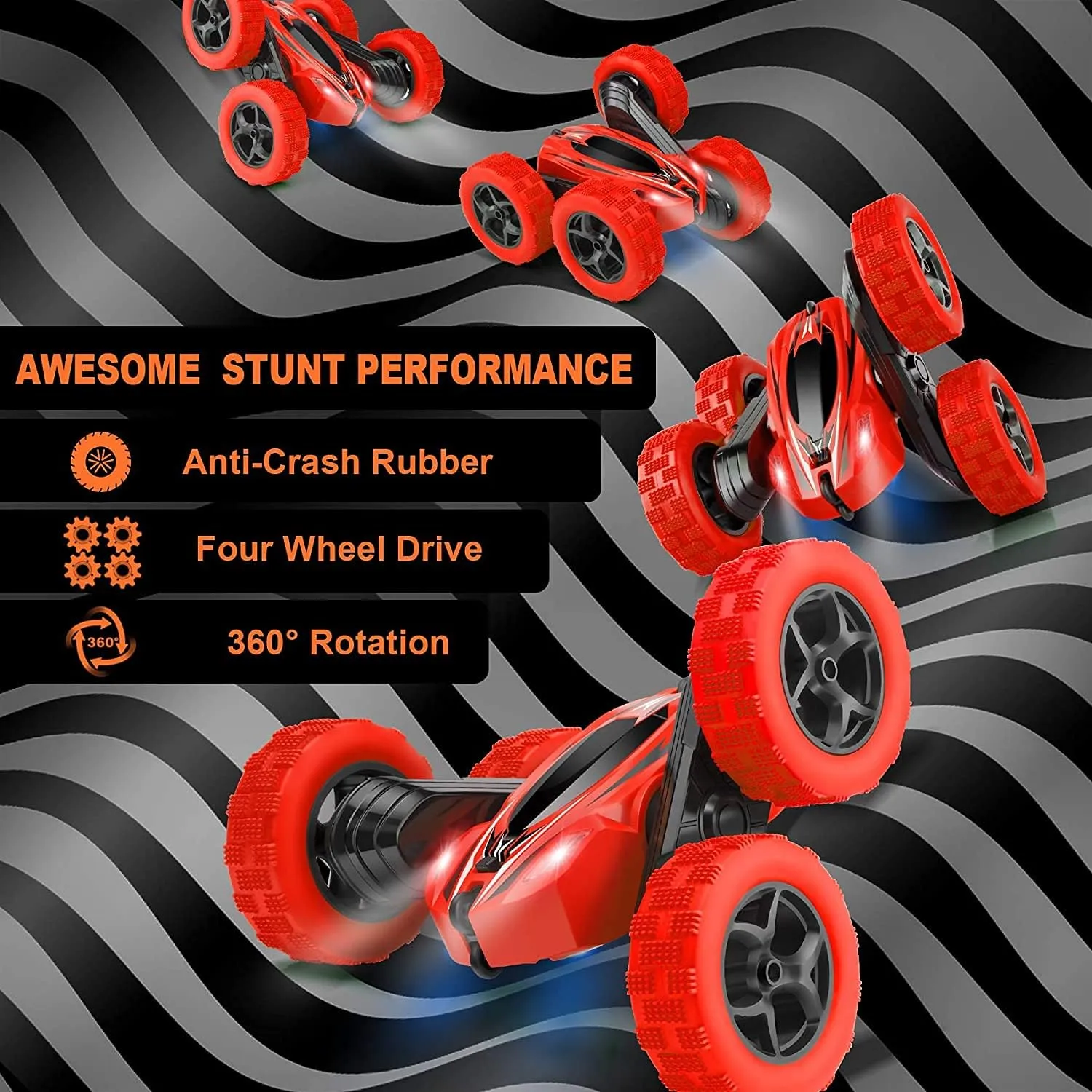 Remote Control Car, 2.4GHz Fast Stunt RC Trucks with Headlights, 4WD Double Sided 360 Rotating Off Road RC Crawler Toy Cars for Kids Boys Girls (Red)