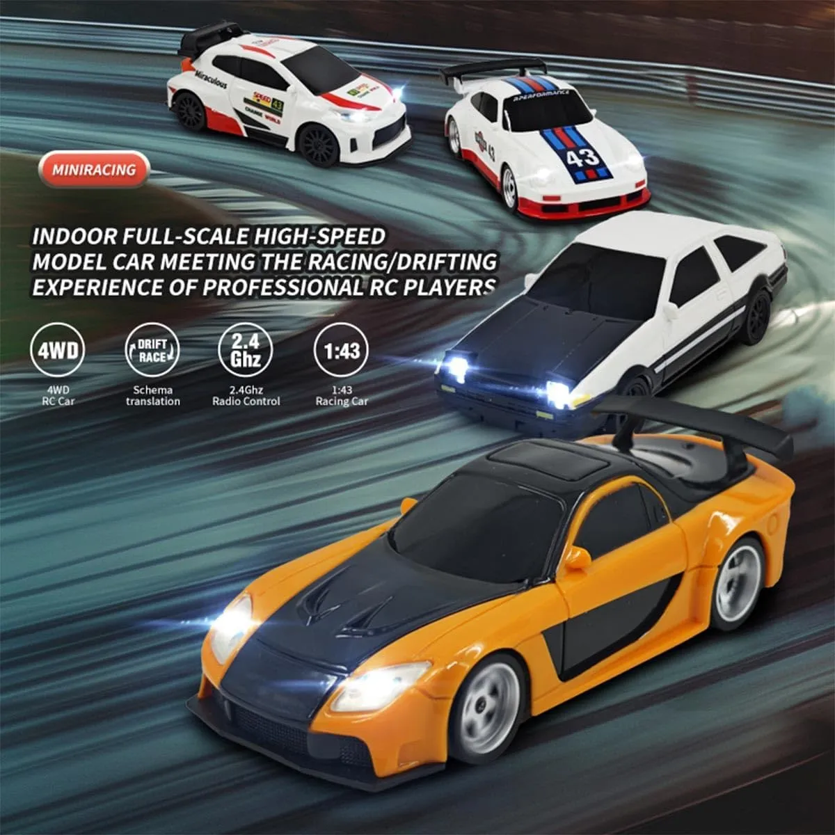 Remote Control Car with Lights, 1/43 Scale Full-Proportional Mini Electric RC Drift Racing Car, RC Cars Model Kit Creative Gifts for Adults - RTR
