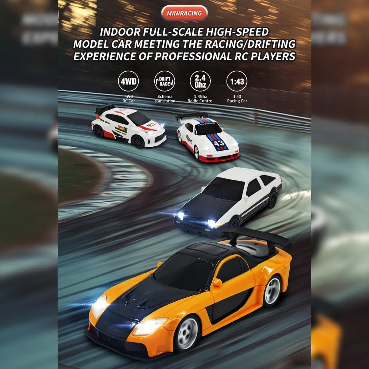 Remote Control Car with Lights, 1/43 Scale Full-Proportional Mini Electric RC Drift Racing Car, RC Cars Model Kit Creative Gifts for Adults - RTR