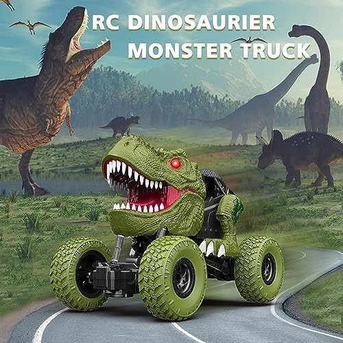 Remote Control Dinosaur Car for Kids Boys, 2.4Ghz All Terrain Remote Control Dinosaur Truck with Light, Rechargeable 4WD Off Road RC Car Toys for Kids 3 4 5 6 7 8-12 Year Old Boys Girls Birthday Gift