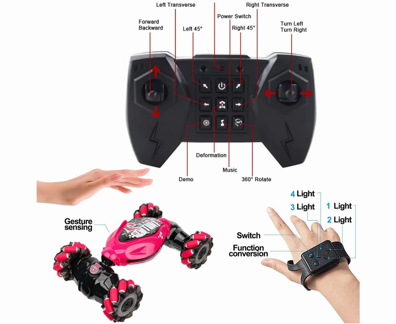 Remote Hand Control Watch Gesture Sensor Twist Car Toy USB charging Car Toy -Red