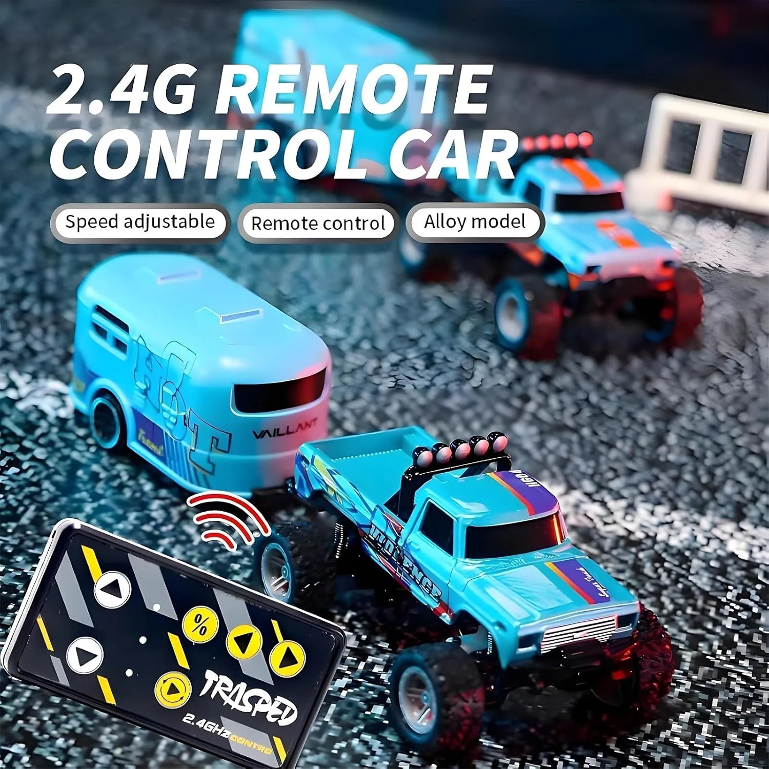 RipRush Mini Monster 1:64 Off-Road LED Alloy Racer,2025 New 3-Speed Variable Speed Off-Road Vehicle with Trailer, with LED and Remote Control, Made to Flex(Grey,Basics)