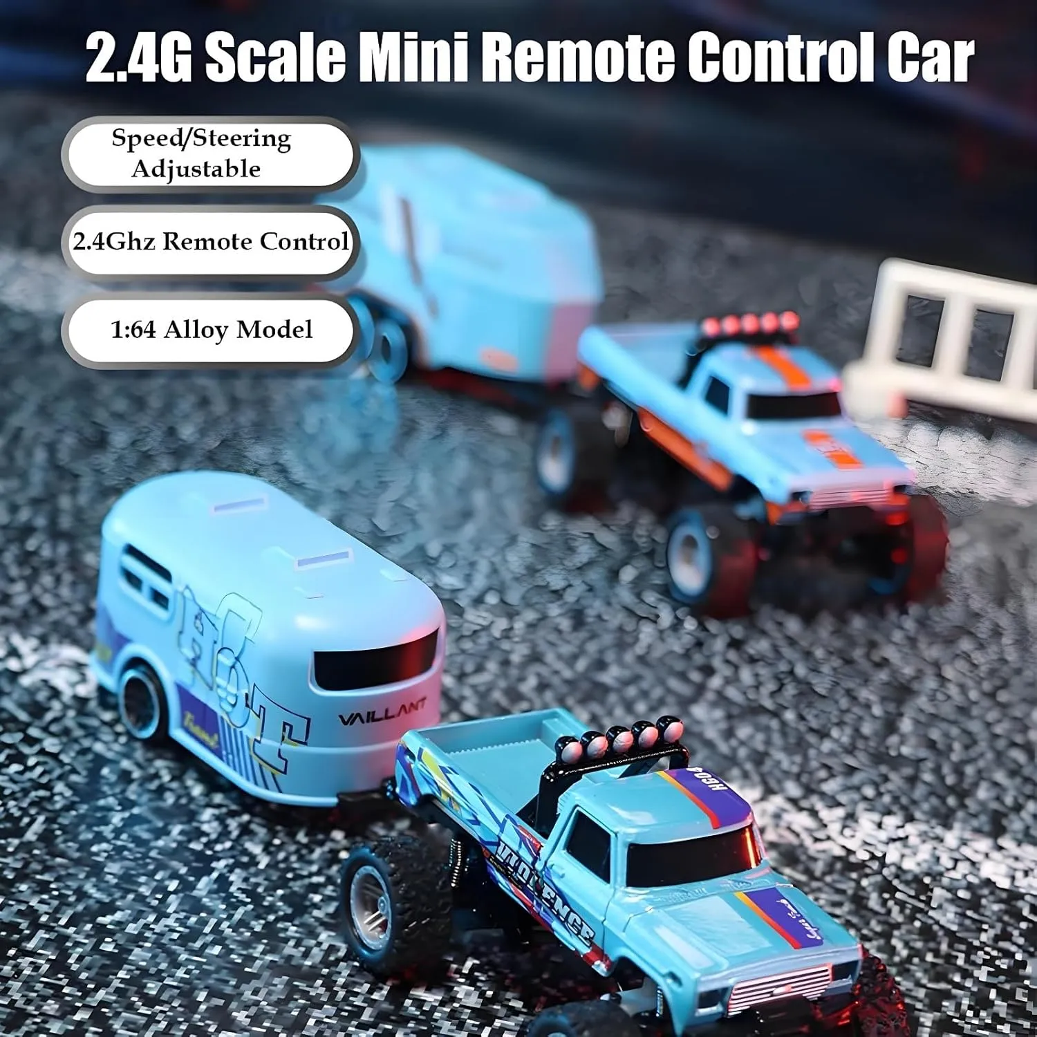 RipRush Mini Monster 1:64 Off-Road LED Alloy Racer,2025 New 3-Speed Variable Speed Off-Road Vehicle with Trailer, with LED and Remote Control, Made to Flex(Grey,Basics)