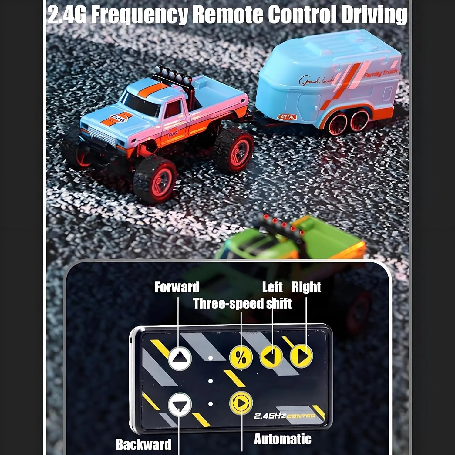 RipRush Mini Monster 1:64 Off-Road LED Alloy Racer,2025 New 3-Speed Variable Speed Off-Road Vehicle with Trailer, with LED and Remote Control, Made to Flex(Grey,Basics)