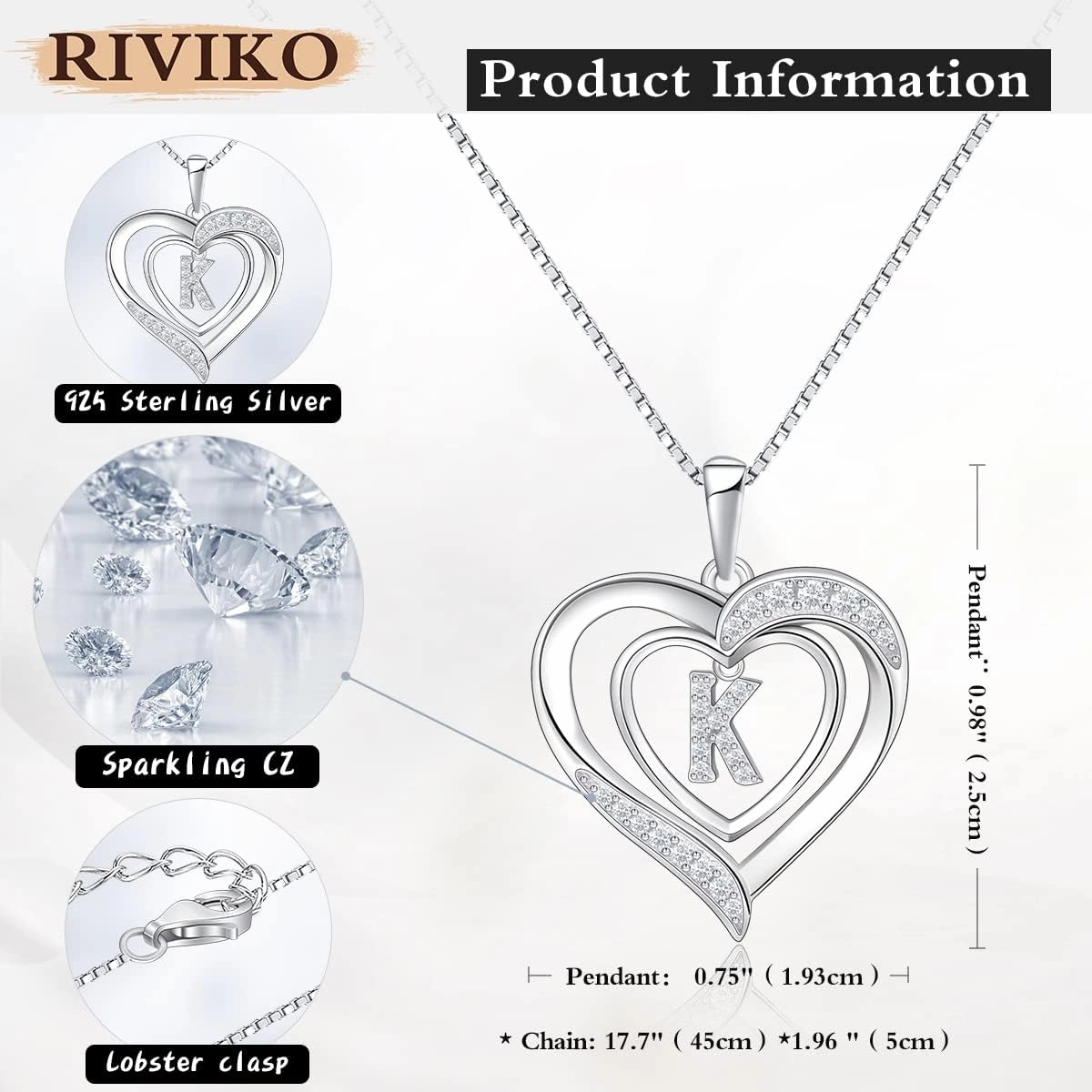 RIVIKO Heart Initial Necklace for Women, 925 Sterling Silver Letter Pendant,Personalized Charm Alphabet Jewelry Valentines Mother's Day Anniversary Christmas Birthday Gifts for Women Her Mom Wife