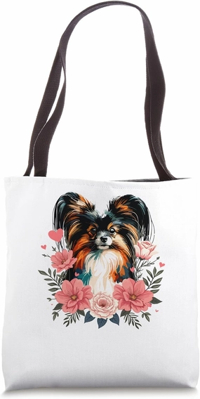 Roses Flowers Papillon Dog Continental Toy Spaniel Tote Bag