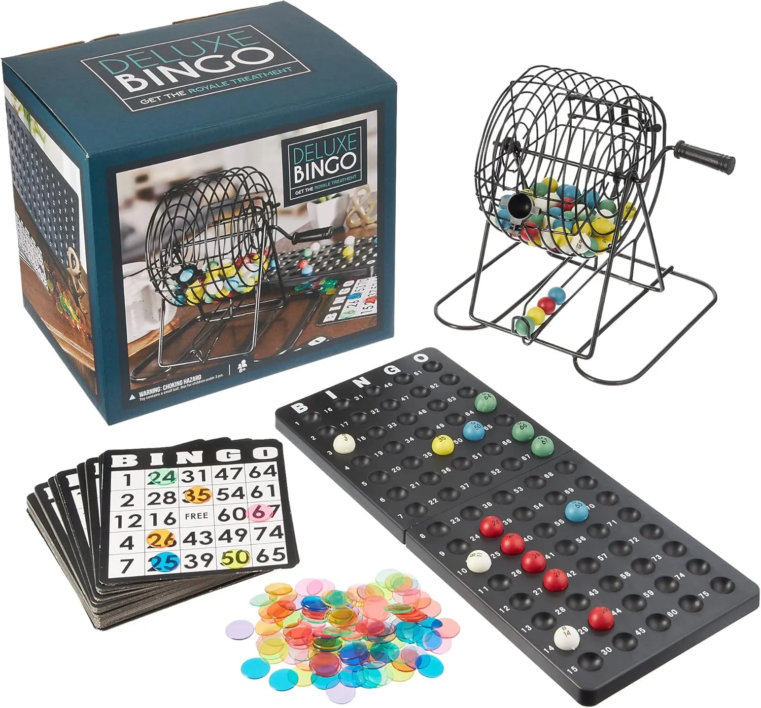 Royal Bingo Supplies Deluxe Bingo Game   Free Expansion Set 50 Premium Cards, 300 Vibrant Chips, 75 Calling Balls, 6” Bingo Cage - Premium Bingo Set for Large Groups and Parties