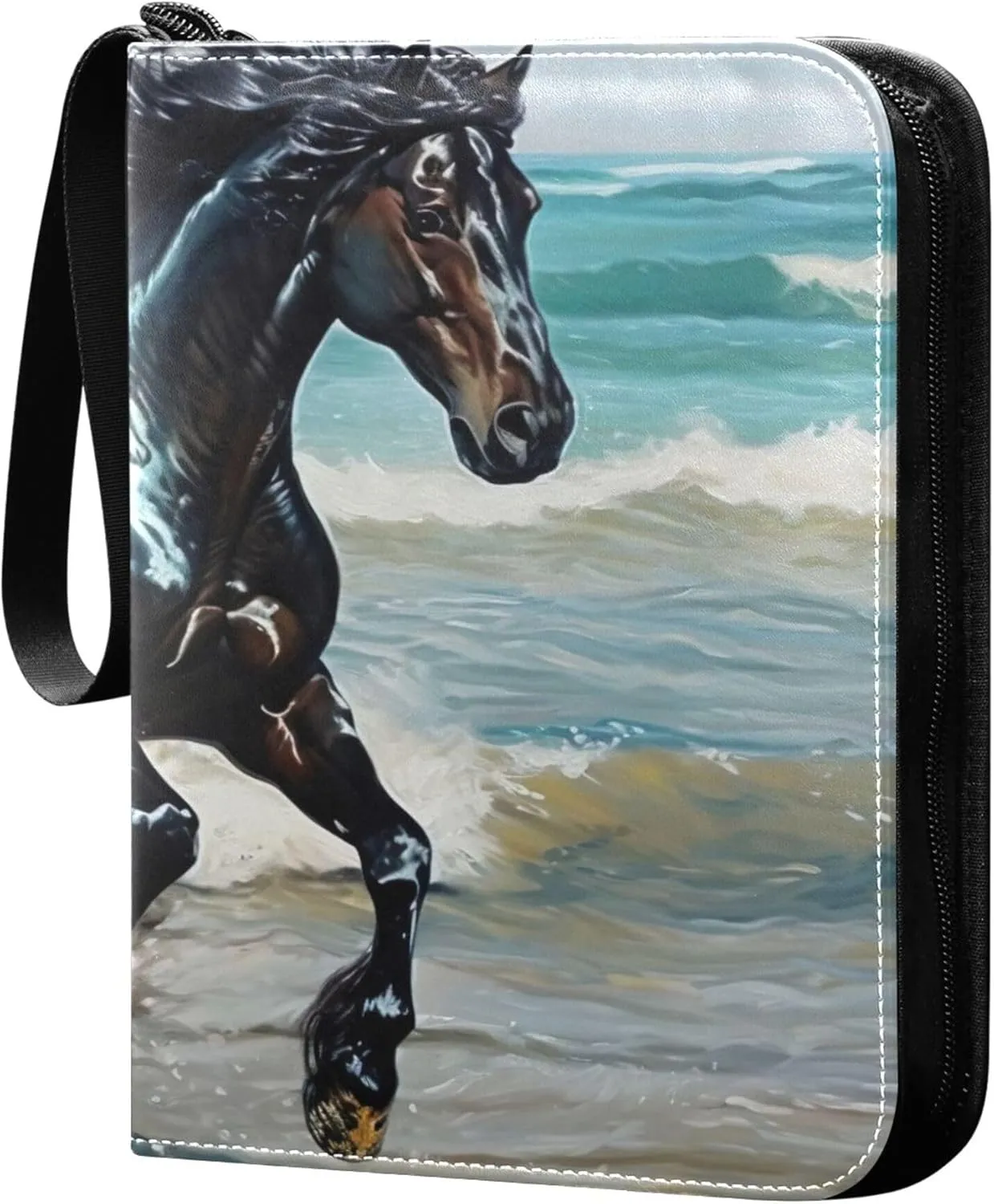 Running Black Horse Card Binder 4 Pocket Collectible Trading Card Albums with 50 Sleeves Double Side PU Waterproof 3 Ring for Sports & Game Cards